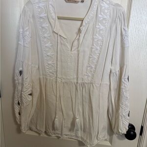 Soft Surroundings White Embroidered Peasant Blouse with Tassel Ties
